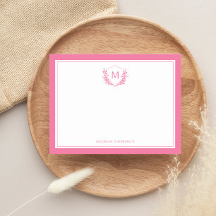 Pink Double Border Floral Crest Classic Monogram Card