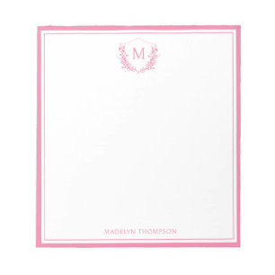 Pink Double Border Floral Crest Classic Monogram Notepad
