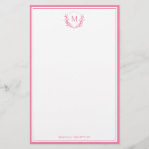 Pink Double Border Floral Crest Classic Monogram Stationery