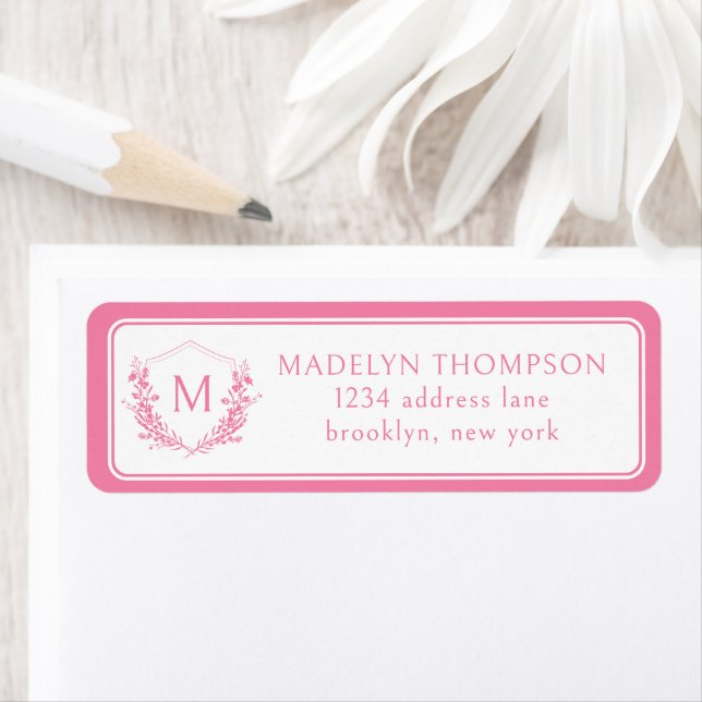 Pink Double Border Floral Crest Monogram Address (Insitu)