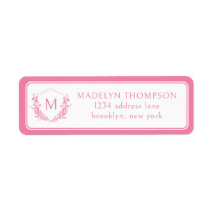 Pink Double Border Floral Crest Monogram Address