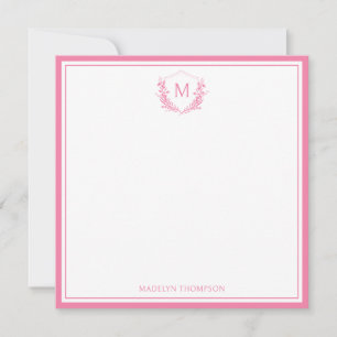 Pink Double Border Floral Crest Monogram Sqaure Card