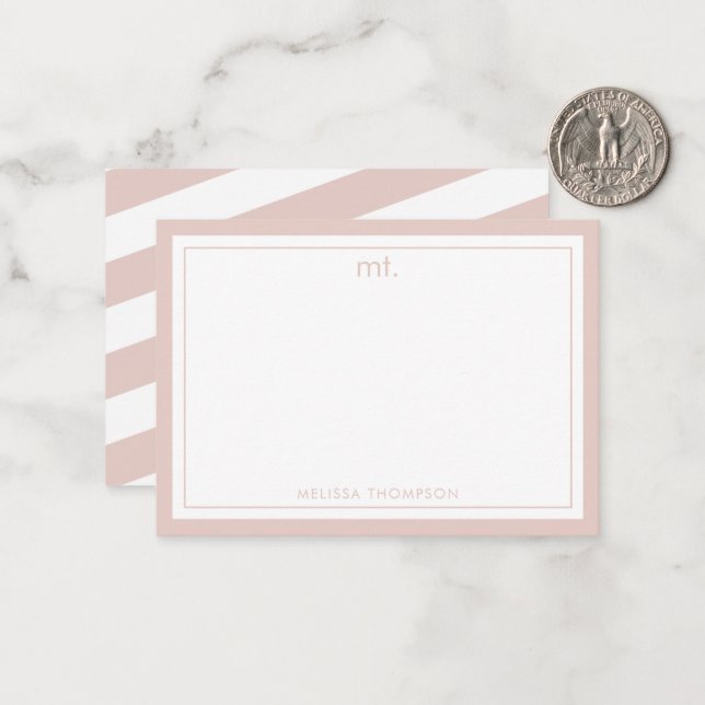 Pink Double Border Modern Monogram Striped Card (Front/Back In Situ)