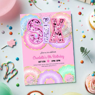 Pink Doughnut 6th Birthday Sequin Glitter Invitation
