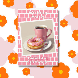 Pink Doughnut and Coffee Happy Birthday Personalis Card
