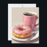 Pink Doughnut and Coffee | Keeping in Touch Postcard<br><div class="desc">A postcard to say hi to a friend or keep in touch with a family member. Front has an adorable illustration of a pink coffee cup full of coffee and a strawberry frosted sprinkled doughnut.</div>