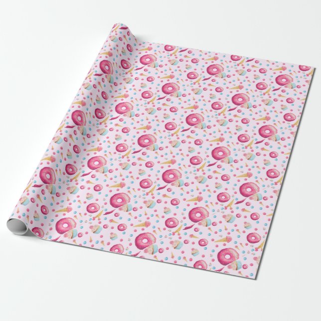 Pink Doughnut Collage Wrapping Paper (Unrolled)