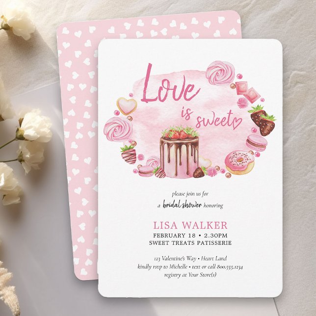 Pink Doughnut Desserts Valentine Bridal Shower Invitation (Love is Sweet Bridal Brunch Invitation - order printed or as printable instant download)