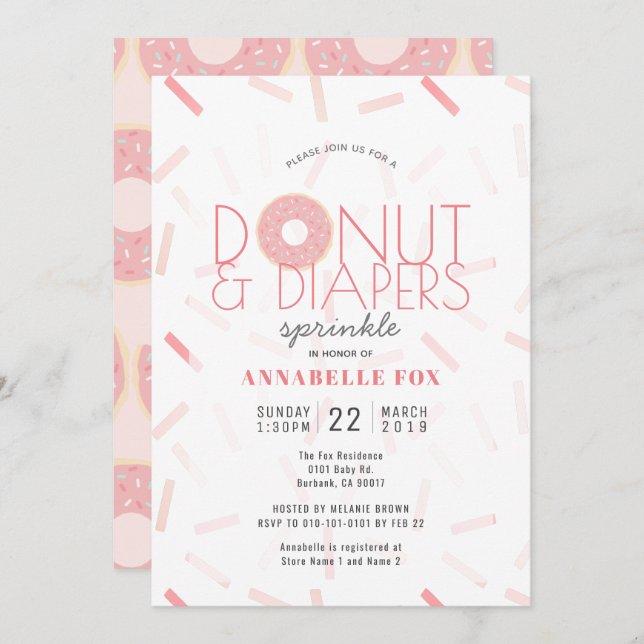 Pink Doughnut & Diapers Sprinkle Baby Shower Invitation (Front/Back)