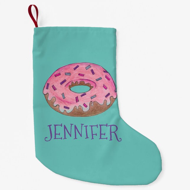 Pink Doughnut Doughnut Personalised Holiday Junk F Small Christmas Stocking (Front)