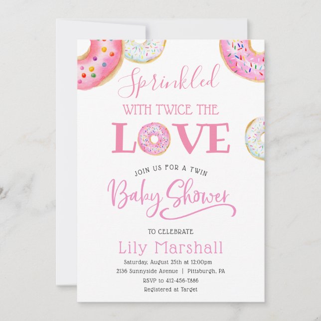 Pink Doughnut Sprinkled with Twice the Love Twin B Invitation (Front)