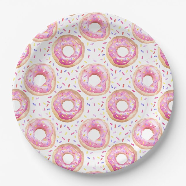 Pink Doughnut Sprinkles 1st Birthday Party Paper Plate (Front)