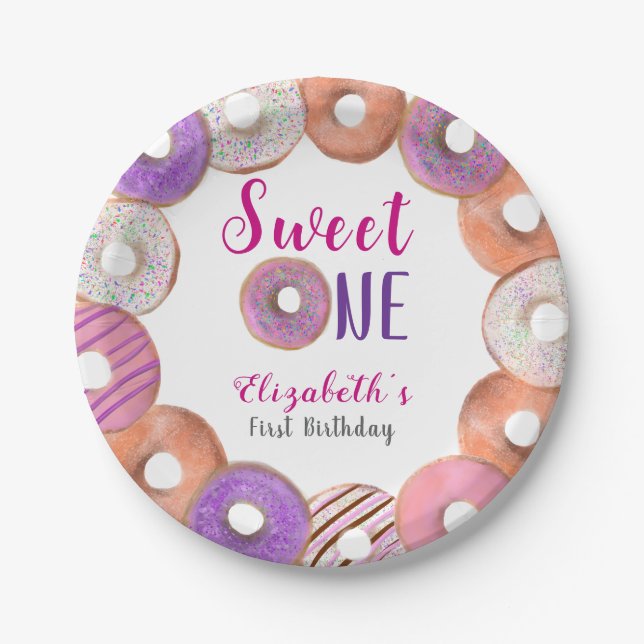 Pink Doughnut Sweet One First Birthday Custom Paper Plate (Front)