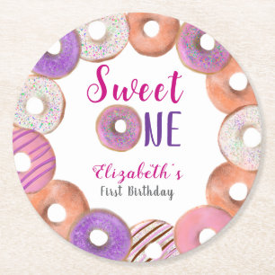 Pink Doughnut Sweet One First Birthday Custom Round Paper Coaster
