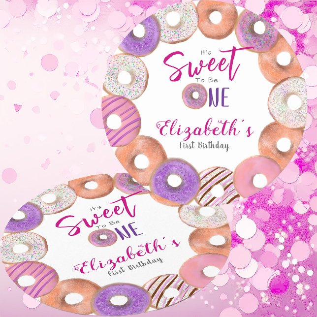 Pink Doughnut Sweet To Be One First Birthday Custo Round Paper Coaster (Creator Uploaded)