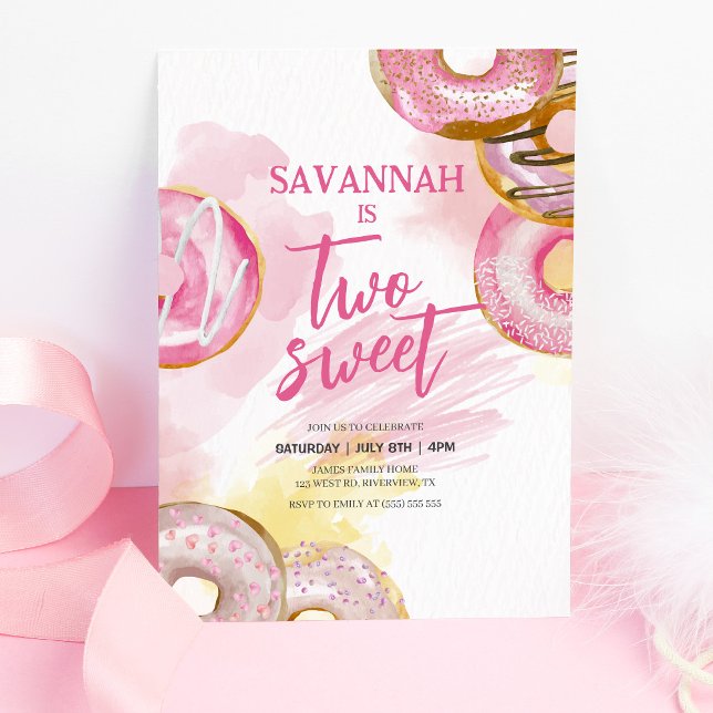 Pink Doughnut Two Sweet Donut 2nd Birthday Invitation (Creator Uploaded)