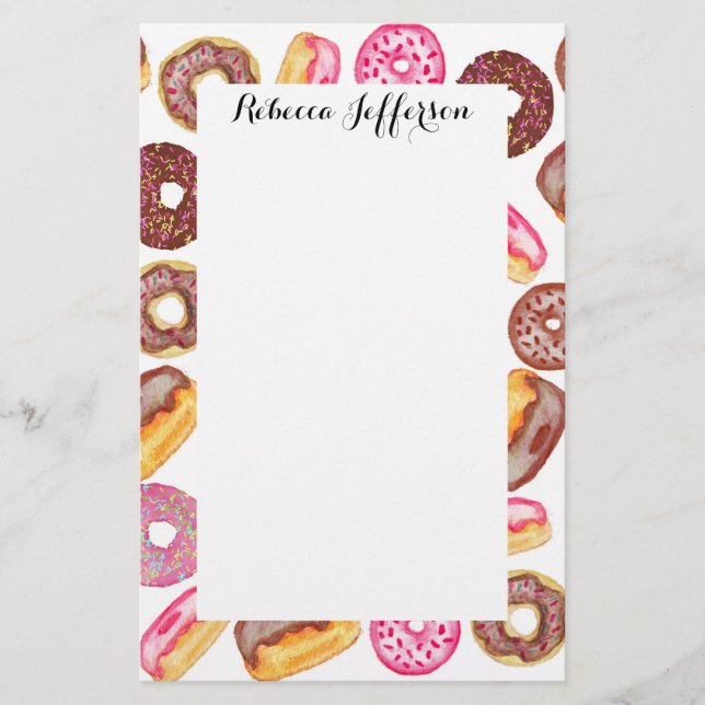 Pink Doughnut Typography and Watercolor Cute Stationery (Front)