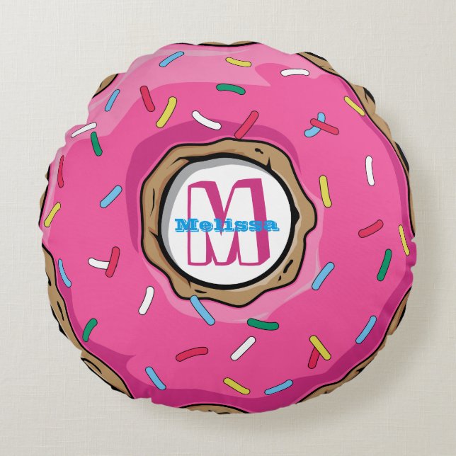 Pink Doughnut with Sprinkles Monogrammed Round Cushion (Front)