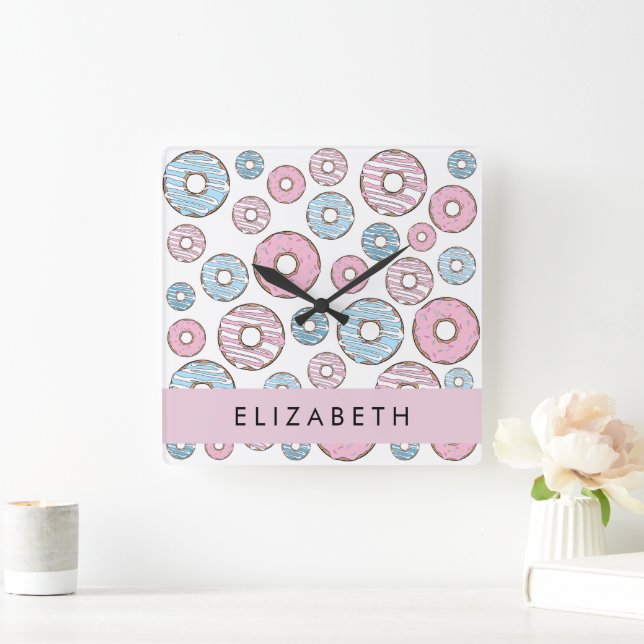 Pink Doughnuts, Blue Doughnuts, Sprinkles, Your Na Square Wall Clock (Home)