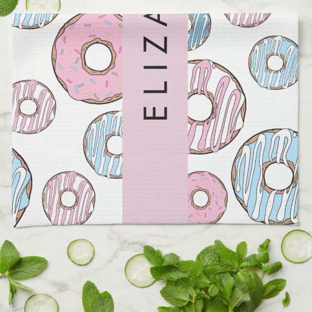 Pink Doughnuts, Blue Doughnuts, Sprinkles, Your Na Tea Towel (Folded)