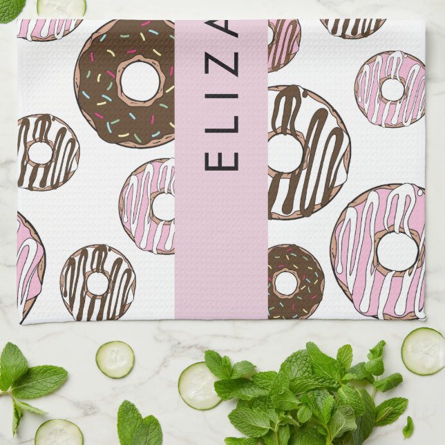 Pink Doughnuts, Brown Doughnuts, Sprinkles, Your N Tea Towel (Folded)