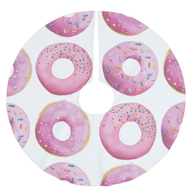 Pink doughnuts, colourful sugar topping pattern. brushed polyester tree skirt (Front)