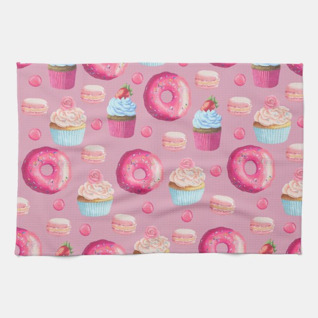 Pink Doughnuts, Cupcakes, and Candies Tea Towel (Horizontal)