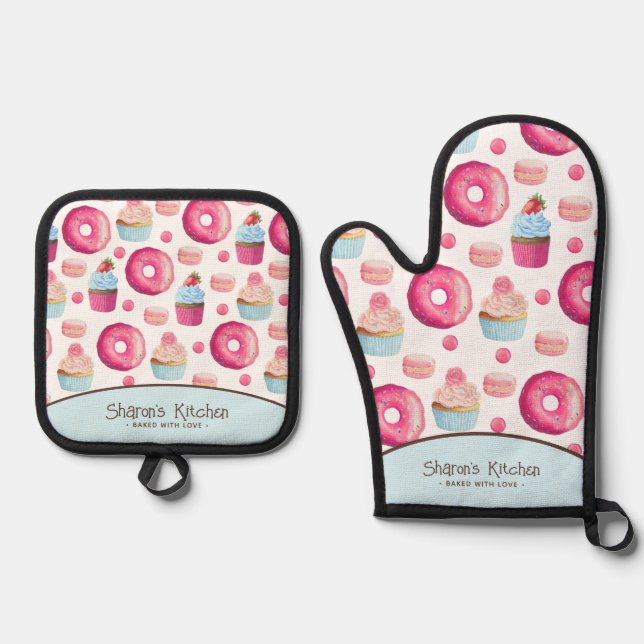 Pink Doughnuts Cupcakes Macarons Personalised  Oven Mitt & Pot Holder Set (Front)