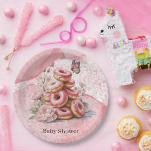 Pink Doughnuts & Floral Butterfly Girl Baby Shower Paper Plate