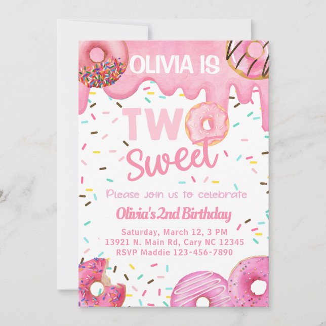 Pink doughnuts sweet two girl 2nd birthday invite. invitation (Front)