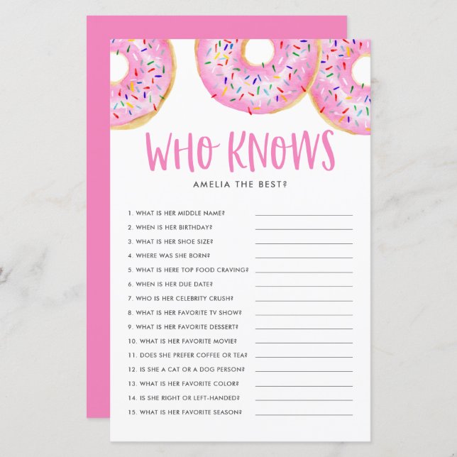 Pink Doughnuts Who Knows Mum Best Baby Shower Game (Front/Back)