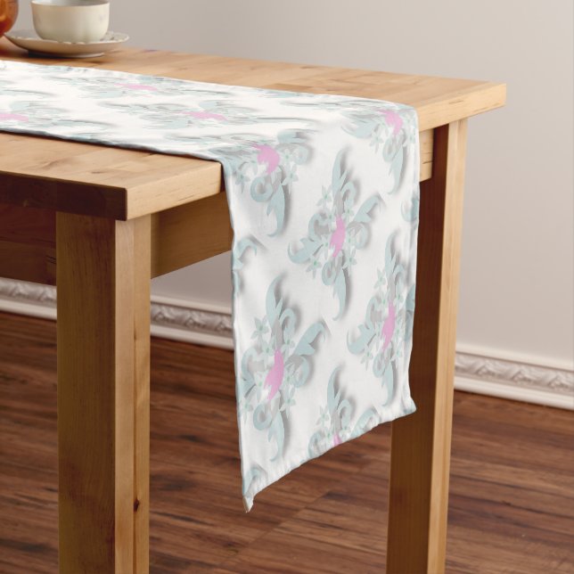 Pink Dove with Silver Flowers and Fronds Short Table Runner (In Situ)