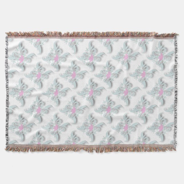Pink Dove with Silver Flowers and Fronds Throw Blanket (Front)