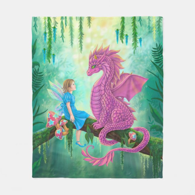Pink Dragon and fairy Fleece Blanket (Front)
