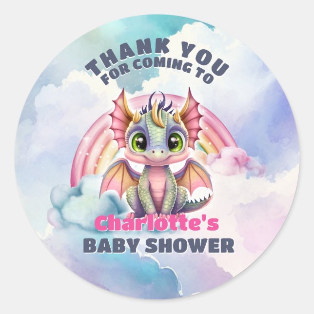 Pink Dragon Baby Shower Party Thank You Classic Round Sticker (Front)