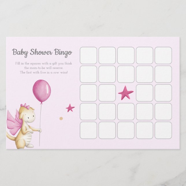 Pink Dragon Girl Baby Shower Bingo Game (Front)