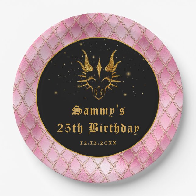 Pink Dragon Scales Gold Faux Glitter Birthday Paper Plate (Front)
