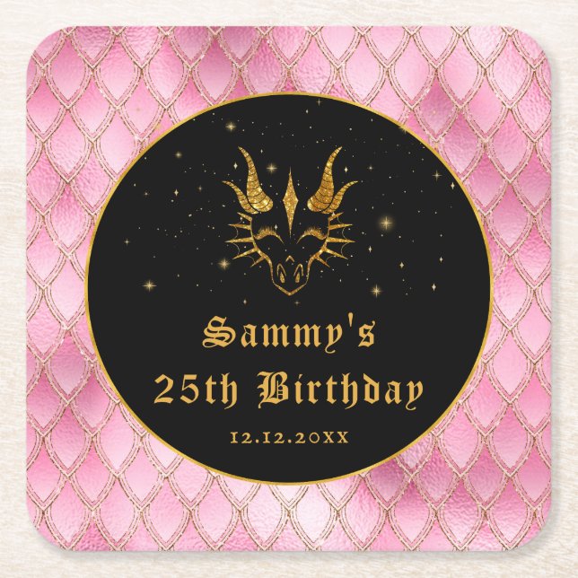 Pink Dragon Scales Gold Faux Glitter Birthday Square Paper Coaster (Front)