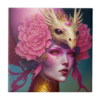 Pink Dragon Skull Woman Fantasy Art Tile