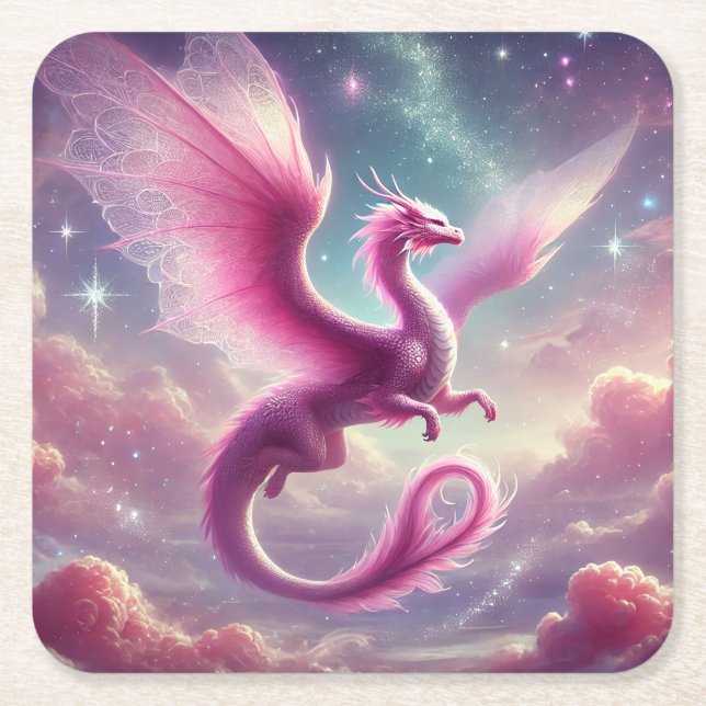 Pink Dragon Square Paper Coaster (Front)