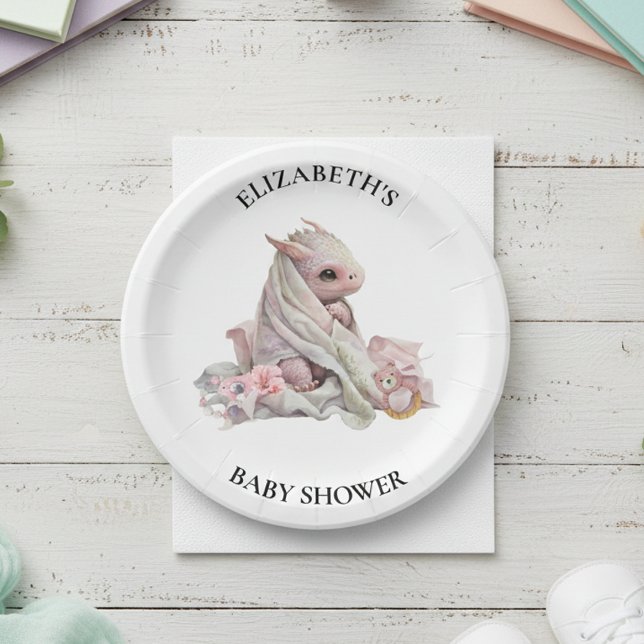 Pink Dragon Watercolor Baby Shower  Paper Plate (Creator Uploaded)