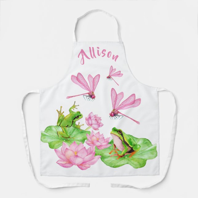 Pink Dragonflies and Green Frog Personalised Apron (Front)