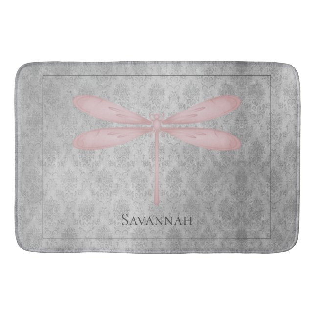 Pink Dragonfly Damask Bath Mat (Front)