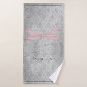 Pink Dragonfly Damask Bath Towel Set