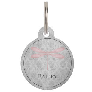 Pink Dragonfly Damask Round Pet Tag