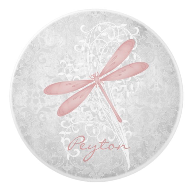 Pink Dragonfly Personalised Ceramic Knob (Front)