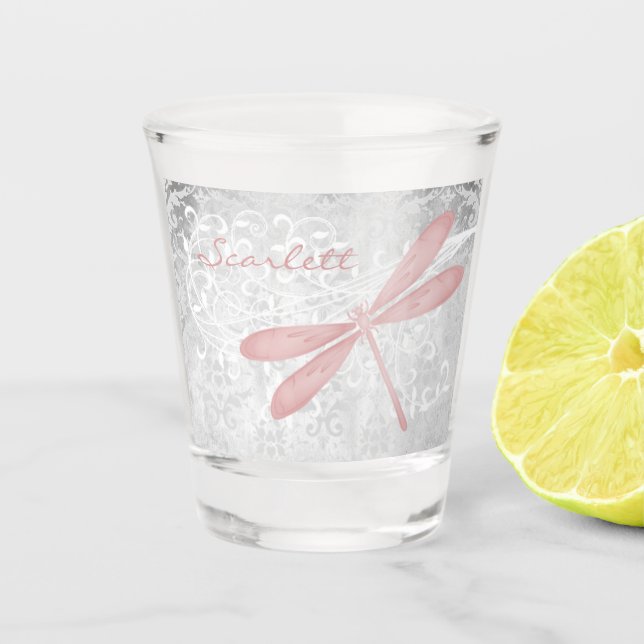 Pink Dragonfly Personalised Shot Glass (Front)