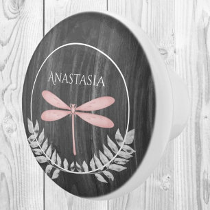 Pink Dragonfly Rustic Personalised Ceramic Knob