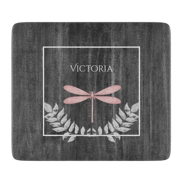 Pink Dragonfly Rustic Personalised  Cutting Board (Front)