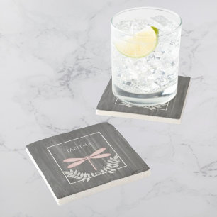 Pink Dragonfly Rustic Personalised Stone Coaster